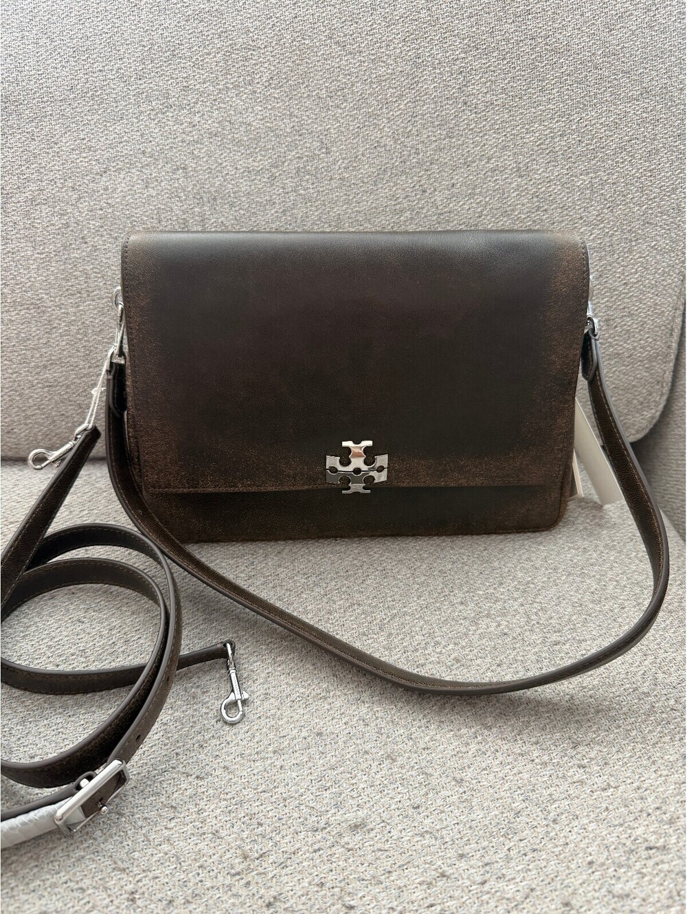 NWT Tory Burch Charlie Distressed Leather Shoulder Bag Dark Roast